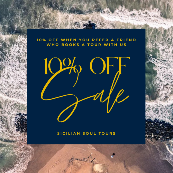 Promotional graphic announcing a 10 discount for customers who a friend that books a tour, featuring vibrant colors and eye-catching design elements.